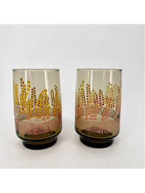 Vintage 60s-70s Dominion Glass Foxglove Smoked Brown Gold Tall Glasses Set of 2
